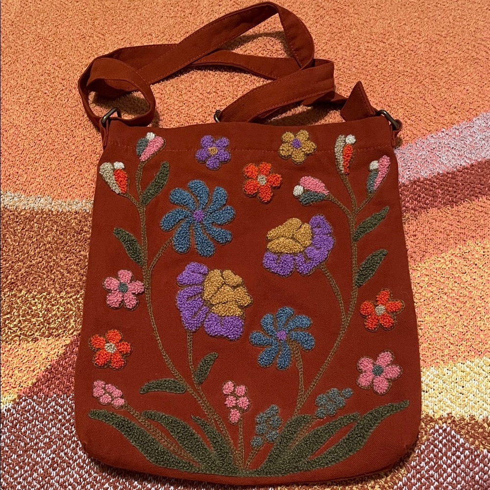 Embroidered Floral Crossbody Bag in Rust